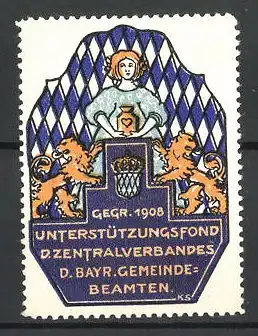 Künstler-Reklamemarke Unterstützungsfond d. Zentralverbandes d. Bayr. Gemeinde-Beamten, gegr. 1908, Wappen