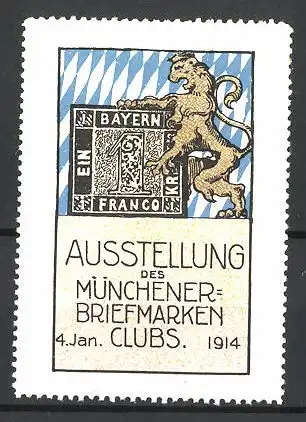 Reklamemarke München, Ausstellung des Münchener Briefmarken-Clubs 1914, Löwe mit Briefmarke