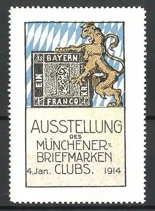 Künstler-Reklamemarke München, Ausstellung des Münchener Briefmarken-Clubs 1914, Löwe mit Briefmarke