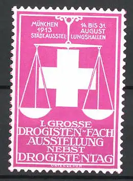 Präge-Reklamemarke München, I. Grosse Drogisten-Fach-Ausstellung nebst Drogistentag 1913, Waage