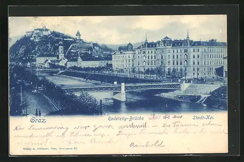 AK Graz, die Radetzky-Brücke am Stadt-Kei