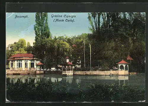 AK Bucuresti, Gradina Cismigiu, Monte Carlo, Pavillon und Terrasse am Ufer