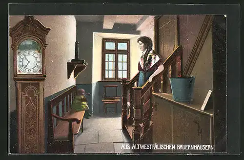AK Tracht, Westfalens Land und Leute, junge Frau auf der Treppe im Bauernhaus