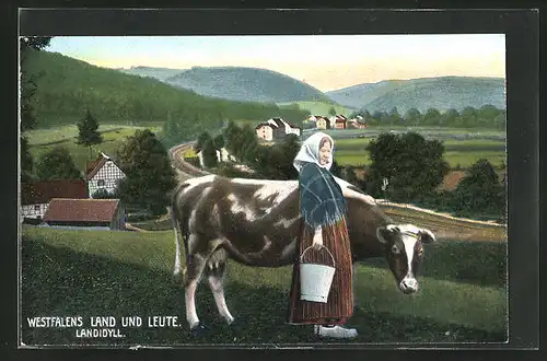 AK Tracht, Westfalens Land und Leute, Bäuerin mit Kuh auf der Weide