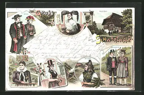 Lithographie Schwarzwälder Tracht, Bauernhaus, Markgräflerin, Hauensteiner, Neustädterin