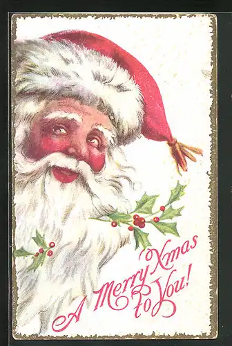 Präge-AK Weihnachtsmann, mit Mistelzweigen und Weihnachtsgrüssen