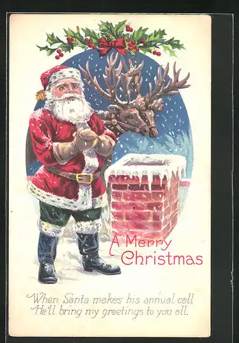 AK Weihnachtsmann, auf dem Dach am Kamineinstieg, Rentiere