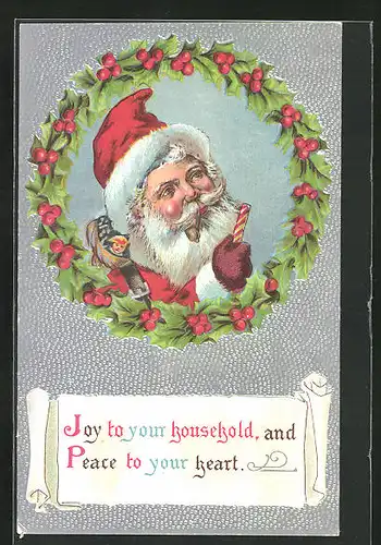 Präge-AK Weihnachtsmann, mit Pfeife im Mund und Mistelkranz