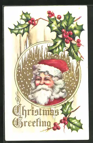 Präge-AK Weihnachtsmann, Portrait des Geschenkebringers, Mistelzweige