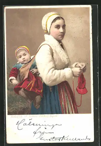 Lithographie schwedische Frau in Volkstracht mit Kind in der Trage auf dem Rücken