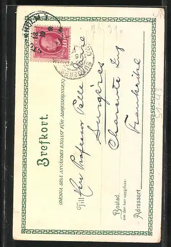 Lithographie schwedische Frau in Volkstracht mit Kind in der Trage auf dem Rücken