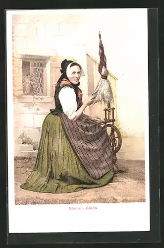 Lithographie Schweiz, Glarus - Glaris, Frau bei der Arbeit am Spinnrad