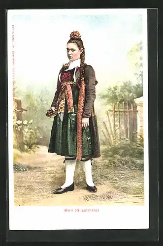 Lithographie Schweiz, Bern, Guggisberg, junge Dame in Volkstracht stehend