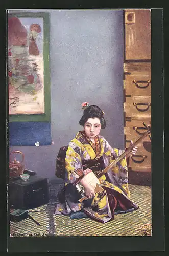 AK Japan, Geisha, im Kostüm beim Spielen eines Instrumentes, Samisen