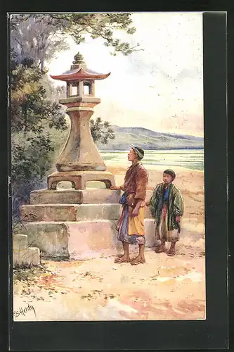 Künstler-AK Japan, zwei Jungen am Schreindenkmal