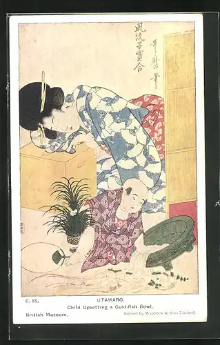 Künstler-AK Japan, Geisha, Utamaro, Child Upsetting a Gold-Fish Bowl