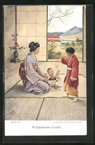 Künstler-AK Japan, Geisha, Familienbild mit Mutter und spielenden Kindern