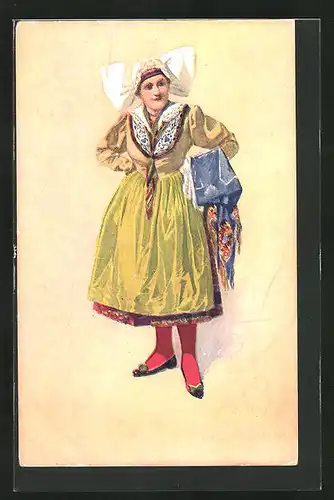 Künstler-AK Tschechien, Frau stehend im Trachtenkleid