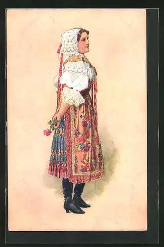 Künstler-AK Tschechien, junge Frau im Trachtenkleid mit einer Rose in der Hand