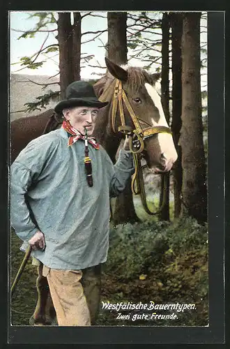 AK Westfälischer Bauerntyp in Tracht, Mann und seijn Freund das Pferd im Wald