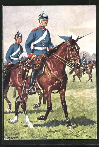 Künstler-AK O. Merte: 1. schweres Reiter-Regiment Prinz Karl von Bayern, in blauen Uniformen ausgeritten