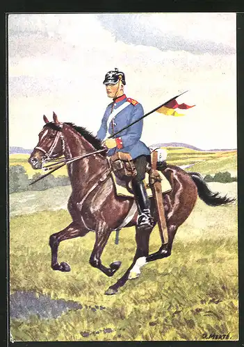 Künstler-AK O. Merte: 1. Badisches Leib-Dragoner-Regiment Nr. 20, Ritt in Uniform auf einer Wiese