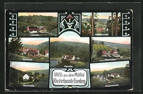AK Klosterlausnitz-Eisenberg, die Pfarrmühle im Mühltal, Amtsschreibermühle, Robertsmühle, Meuschkensmühle
