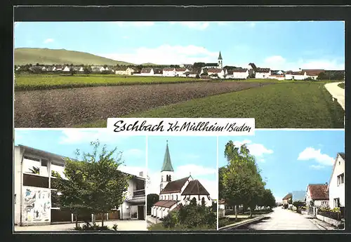 AK Eschbach in Baden, Ortspanorama vom Feld aus, Strassenpartie im Ort, Partie an der Kirche