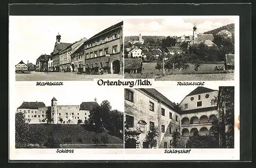 AK Ortenburg Ndb., auf dem Marktplatz, Teilansicht, auf dem Schlosshof, Blick zum Schloss