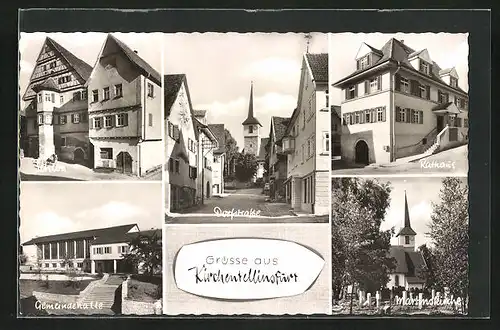 AK Kirchentellinsfurt, auf der Dorfstrasse, am Rathaus, Gemeindehalle, Martinskirche