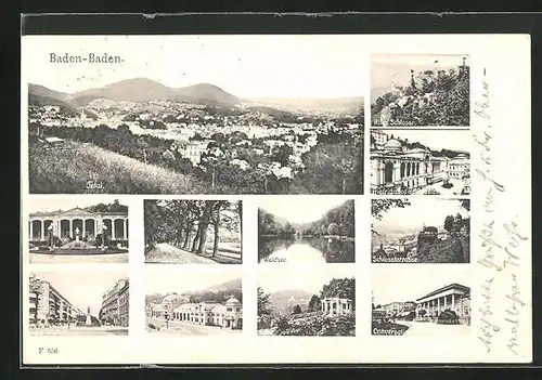 AK Baden-Baden, Generalansicht, Lichtenthaler Allee, altes Schloss, auf der Schlossterrasse, Bahnhof, Trinkhalle