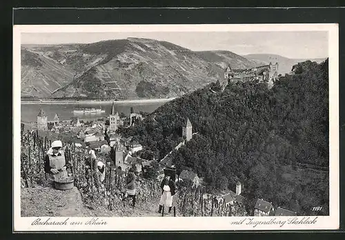 AK Bacharach am Rhein, die Weinlese über dem Ort