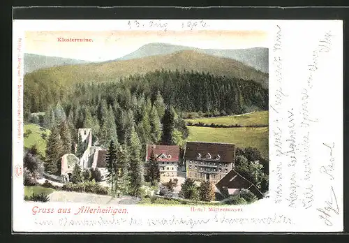 AK Allerheiligen, das Hotel Mittenmayer mit Blick zur Klosterruine