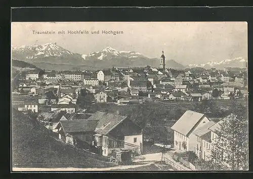 AK Traunstein, Stadtansicht mit Blick zum Hochfelln und Hochgern