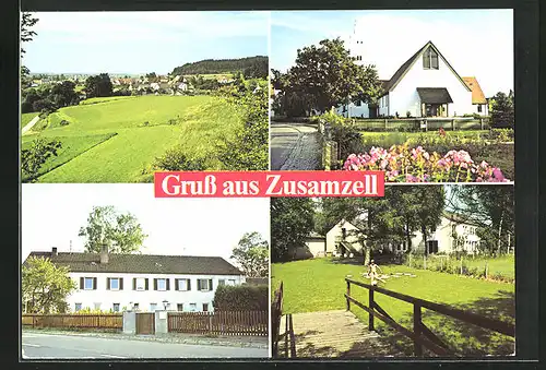 AK Zusamzell, Blick zur Kirche, auf den Wiesen
