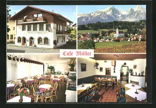 AK Lechbruck am See, Ortspanorama, das Cafe Müller, in der Gaststube