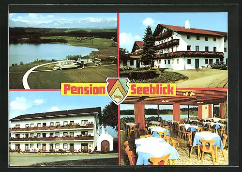 AK Pelham am See, Cafe - Pension Seeblick - Gut Förg, Aussenansicht, im Gastraum, Blick auf den See