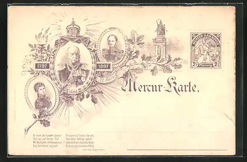 AK Private Stadtpost Mercur-Karte, Portrait des Kaiser Wilhelm I.