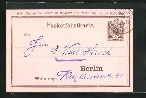 AK Private Stadtpost Berlin, 1892, Packetfahrtkarte mit Telegrammfeld