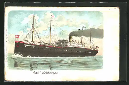 Lithographie Passagierschiff, die Graf Waldersee auf See