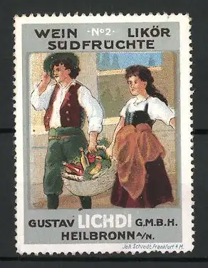 Reklamemarke Wein und Likör der Firma Gustav Lichdi GmbH, Heilbronn a. N., Bauernpaar trägt einen Korb