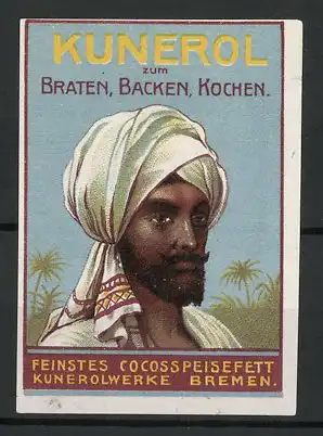 Reklamemarke Kunerol feinstes Cocosspeisefett zum Braten, Backen & Kochen, Inder mit Turban