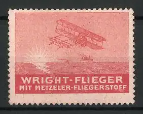 Reklamemarke Wright-Flieger mit Metzeler-Fliegerstoff über dem Meer bei Sonnenuntergang