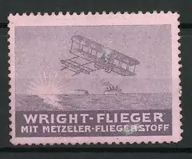 Reklamemarke Wright-Flieger mit Metzeler-Fliegerstoff bei Sonnenuntergang