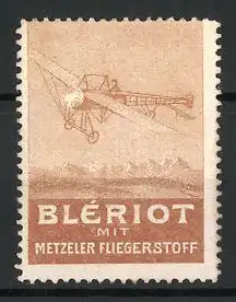 Reklamemarke Blériot Flugzeug mit Metzeler Fliegerstoff hoch in der Luft