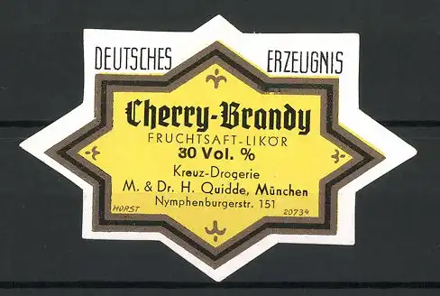 Reklamemarke Cherry-Brandy Fruchtsaft-Likör, Kreuz-Drogerie M. & Dr. H. Quidde, München