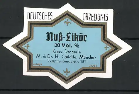 Reklamemarke Nuss-Likör, Kreuz-Drogerie M. & Dr. H. Quidde, München