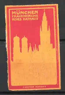 Präge-Reklamemarke München, Silhouette der Frauenkirche und des neuen Rathauses