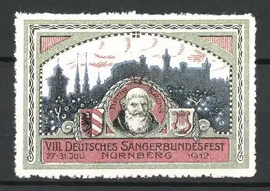 Reklamemarke Nürnberg, VIII. Deutsches Sängerbundfest 1912, Ortsansicht, Männerportrait & Wappen