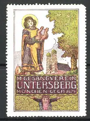 Reklamemarke Männergesangsverein Untersberg, München, gegr. 1874, Münchner Kindl mit Lyra und Frauenkirche